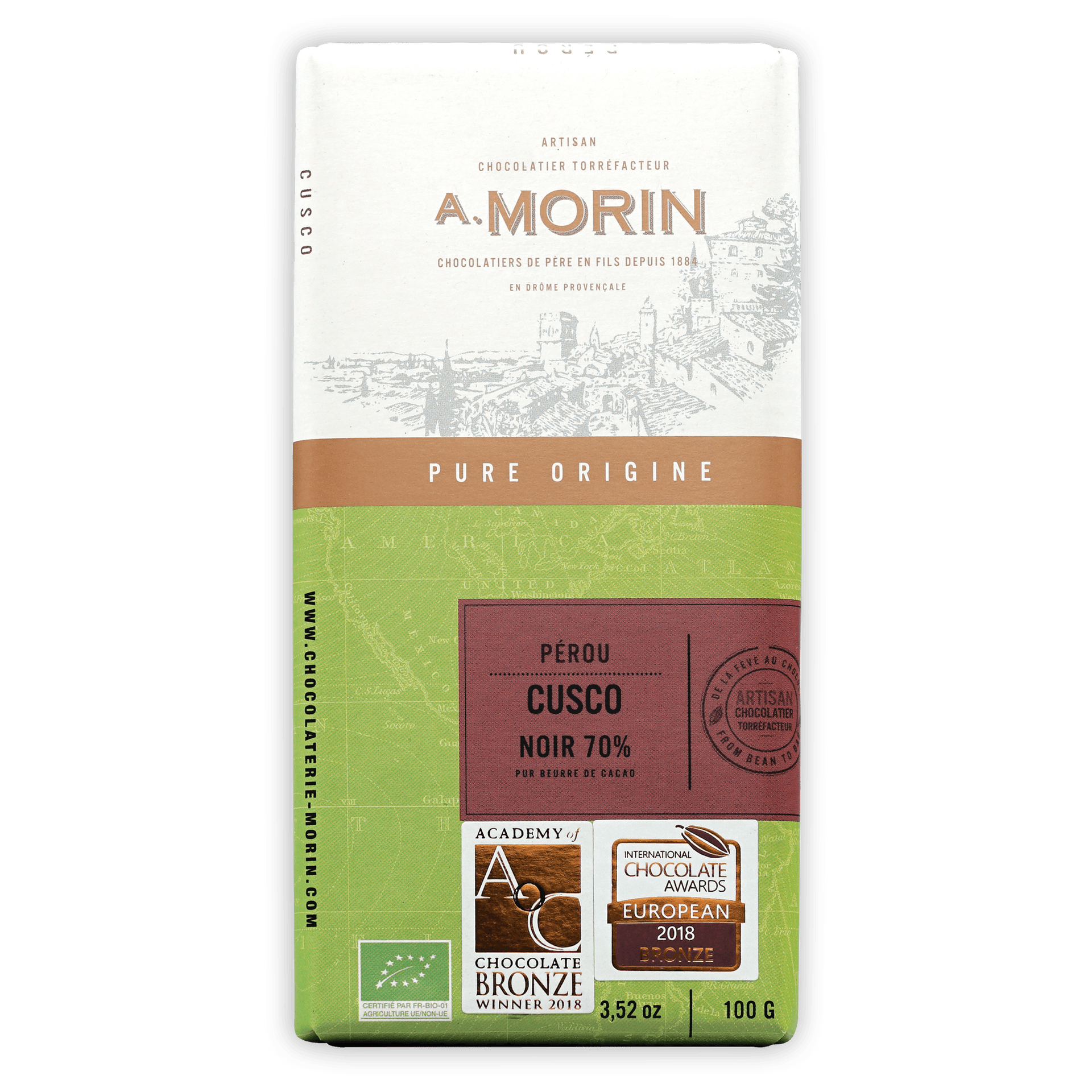 A. label on A. Morin Peru Cusco 70% chocolate bar