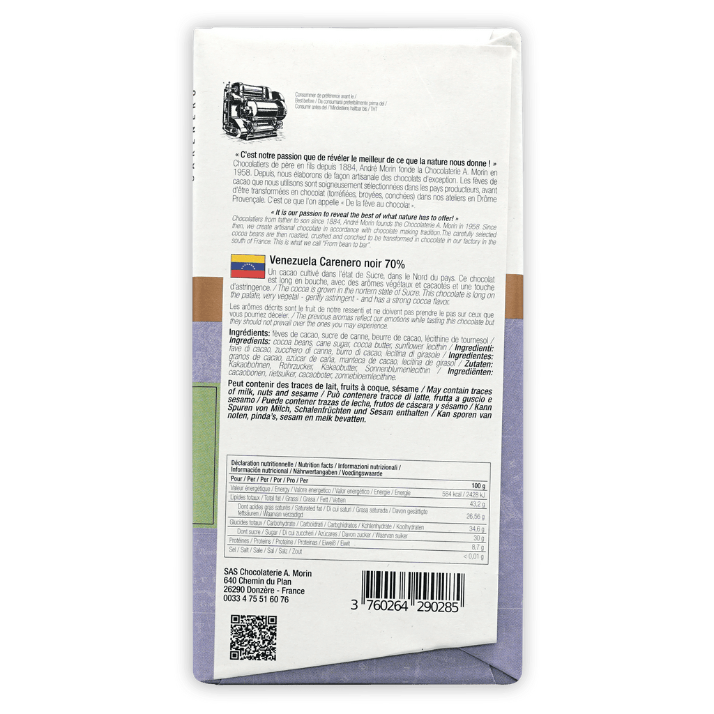 Back of A. Morin Venezuela Carenero 70% white chocolate bar wrapper with purple-green gradient, French-English ingredients and origin text