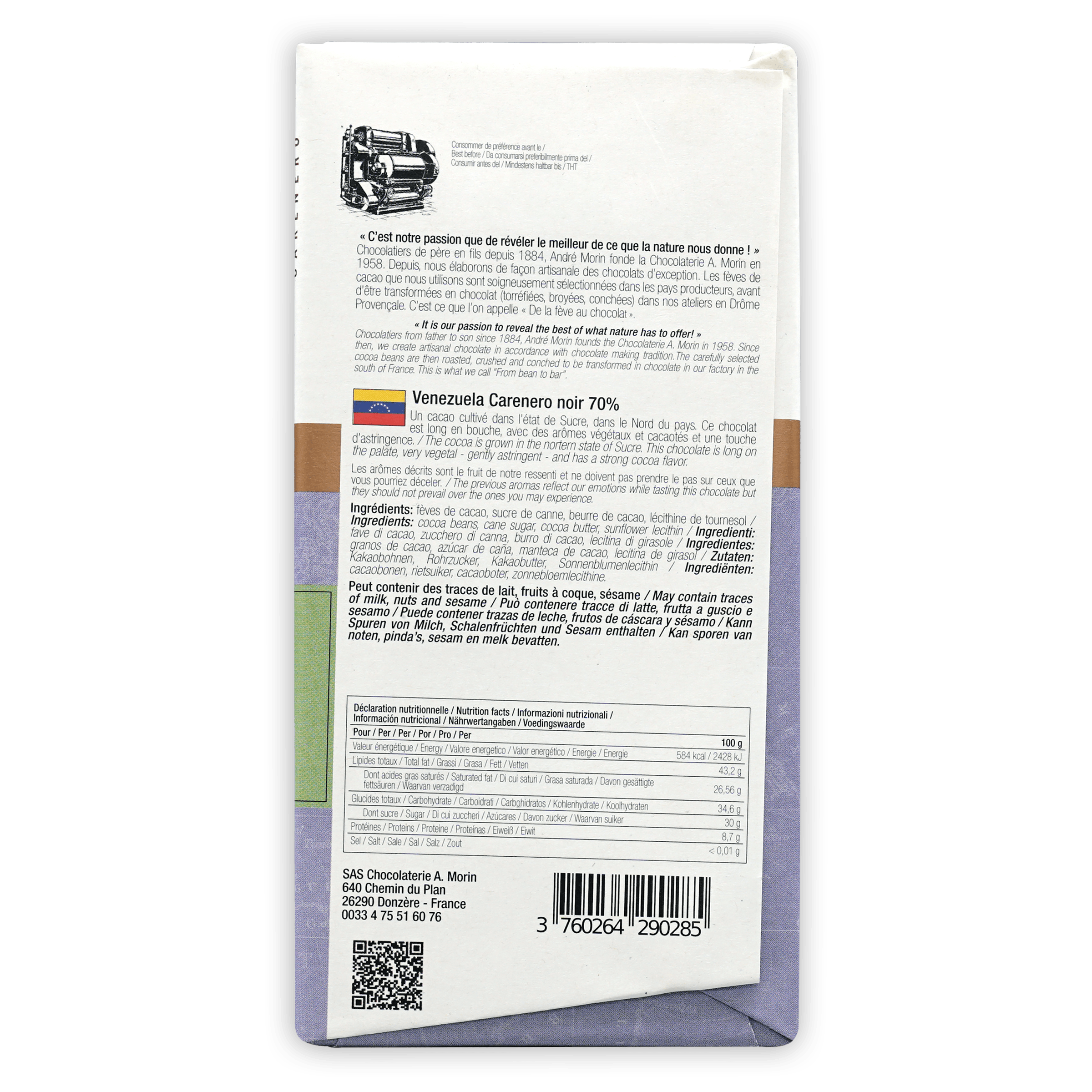 Back of A. Morin Venezuela Carenero 70% white chocolate bar wrapper with purple-green gradient, French-English ingredients and origin text