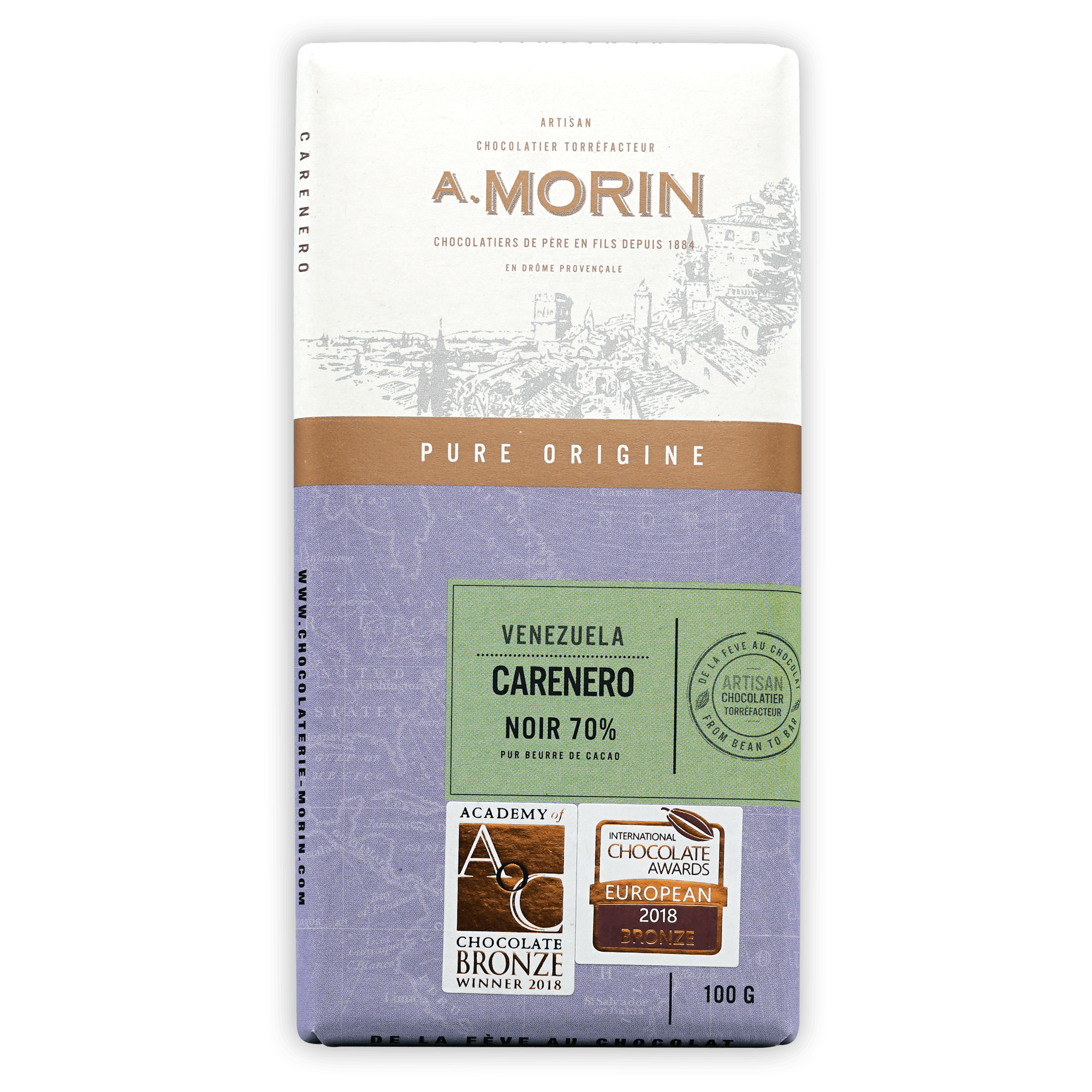 Purple and white A on A. Morin Venezuela Carenero 70% chocolate bar