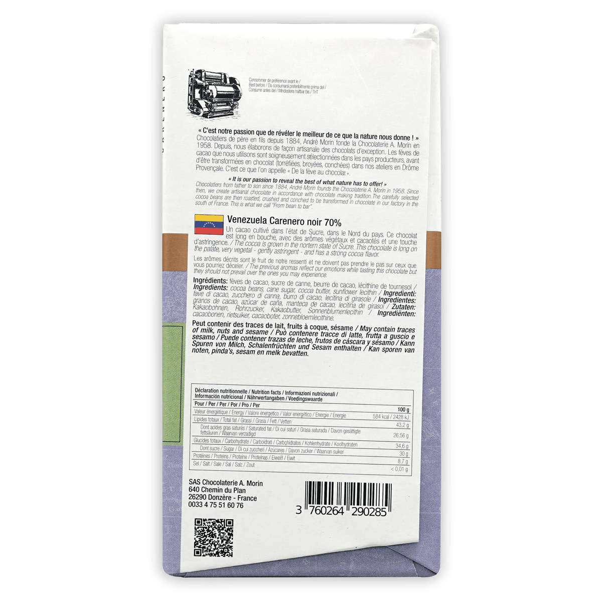Back of A. Morin Venezuela Carenero 70% white chocolate bar wrapper with purple-green gradient, French-English ingredients and origin text