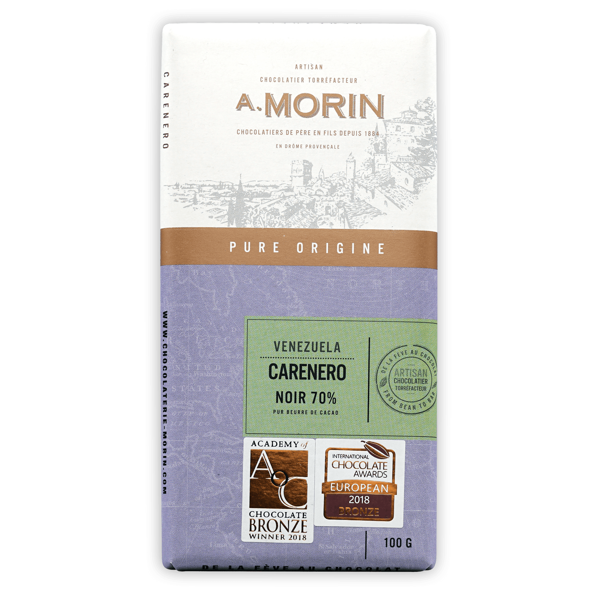 Purple and white A on A. Morin Venezuela Carenero 70% chocolate bar