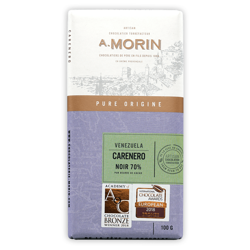 Purple and white A on A. Morin Venezuela Carenero 70% chocolate bar