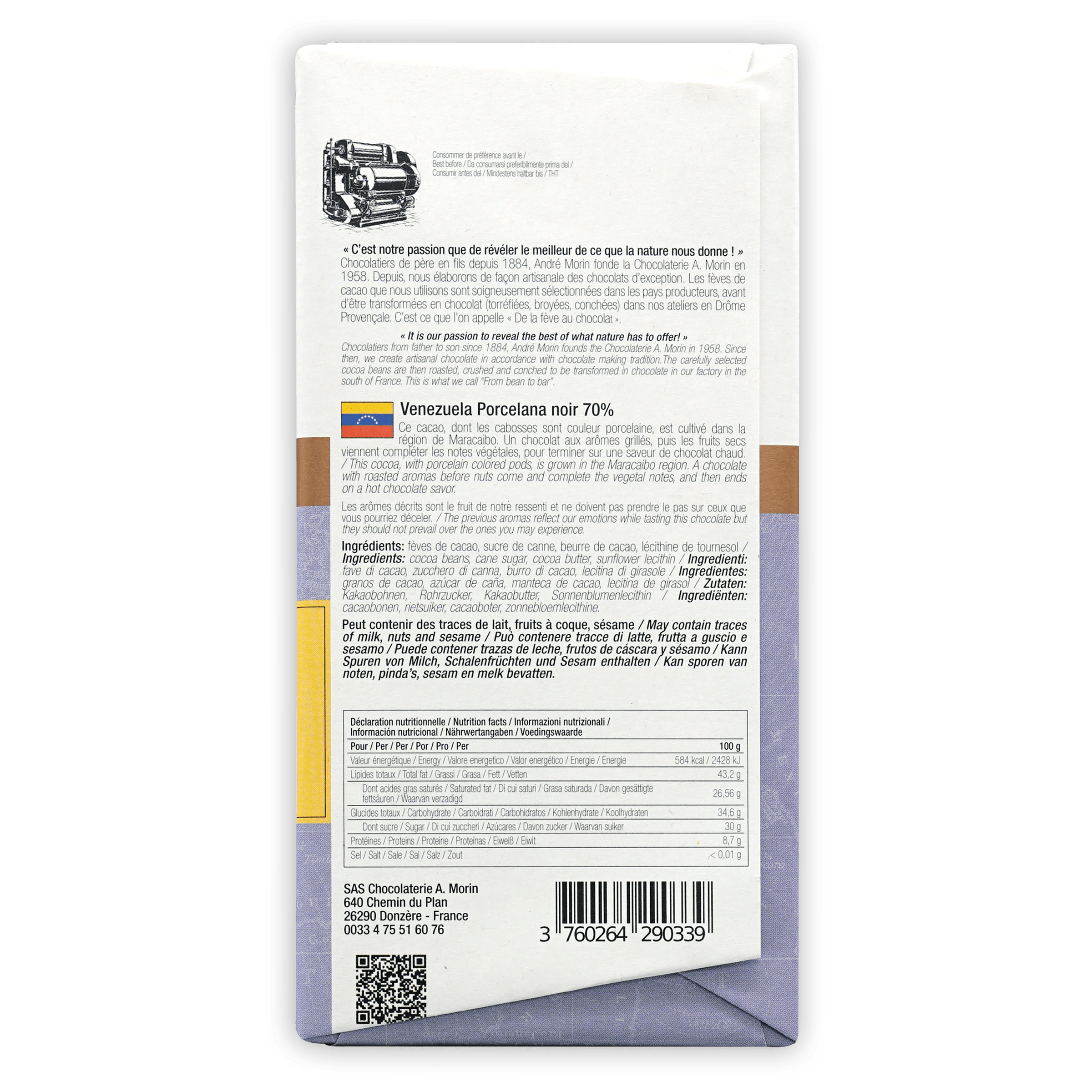 Back of A. Morin Venezuela Porcelana 70% white chocolate bar wrapper