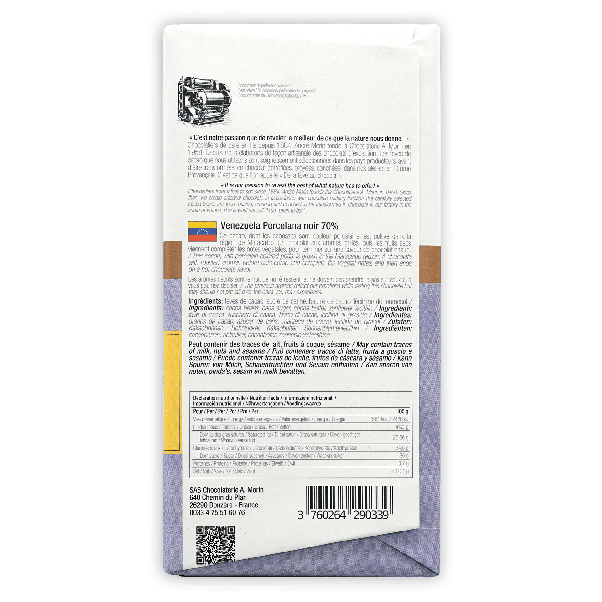 Back of A. Morin Venezuela Porcelana 70% white chocolate bar wrapper