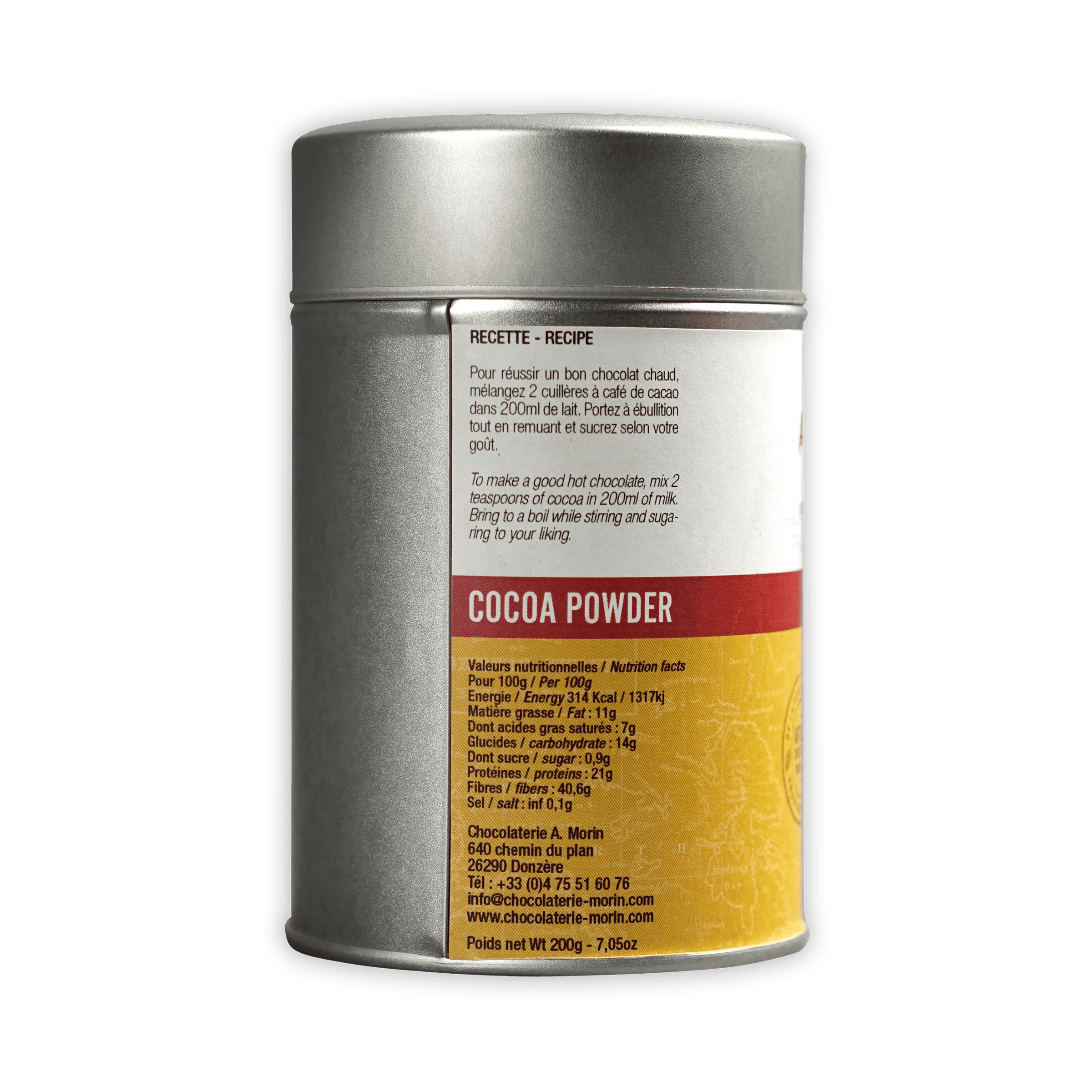 A. Morin Vietnam 100% cocoa powder in sleek silver tin with label
