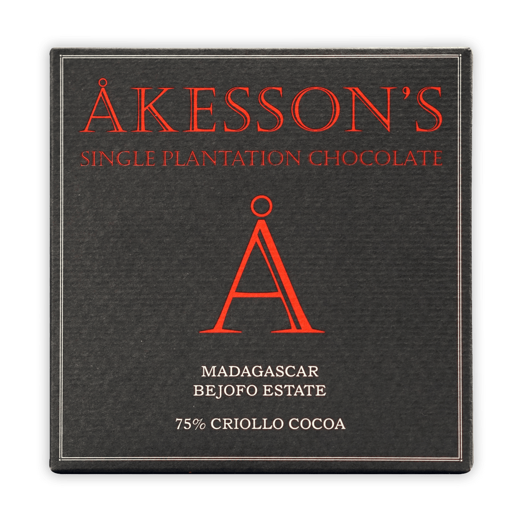 Akesson’s Madagascar Criollo 75% sleek black box with red lettering