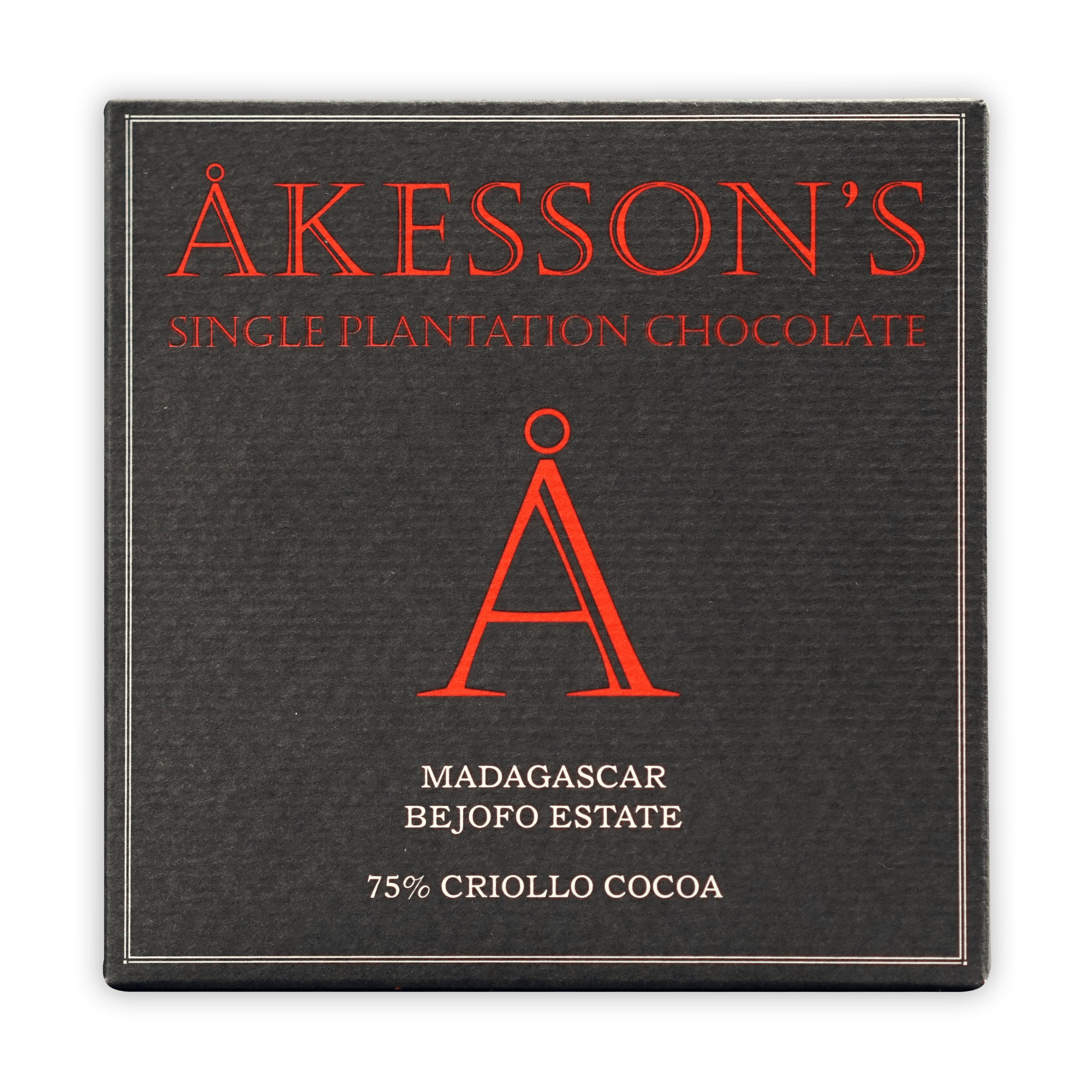 Akesson’s Madagascar Criollo 75% sleek black box with red lettering