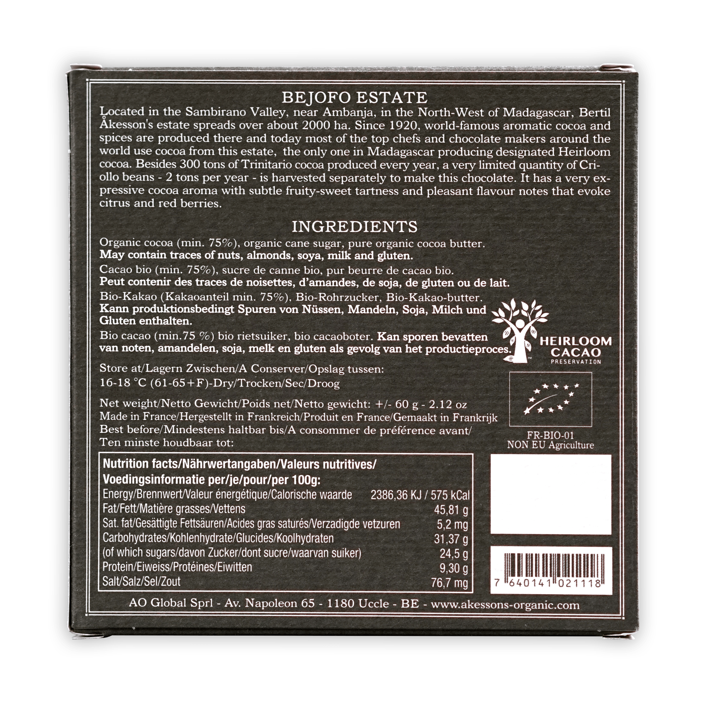 Akessons Madagascar Criollo 75% dark green box with tree logo