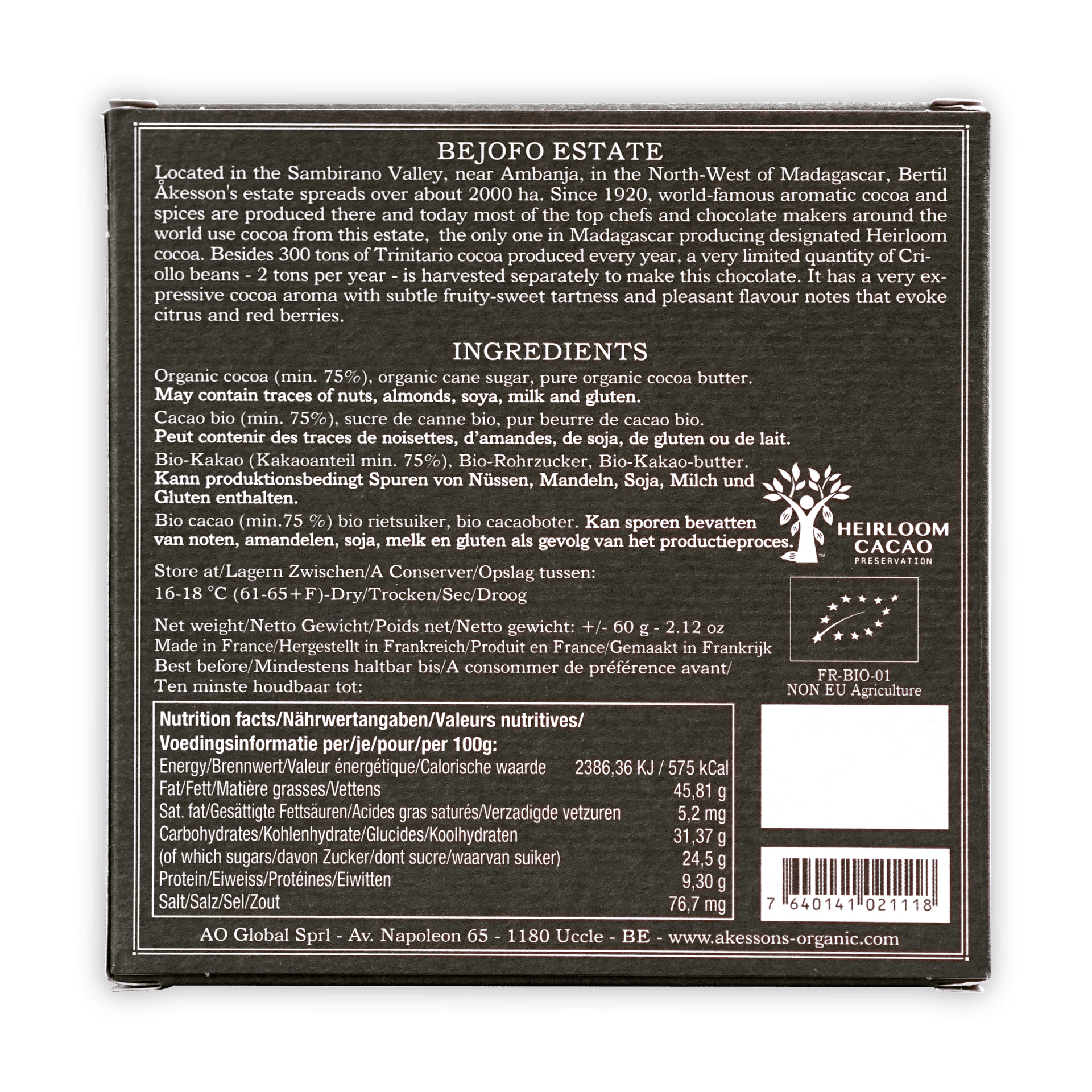 Akessons Madagascar Criollo 75% dark green box with tree logo