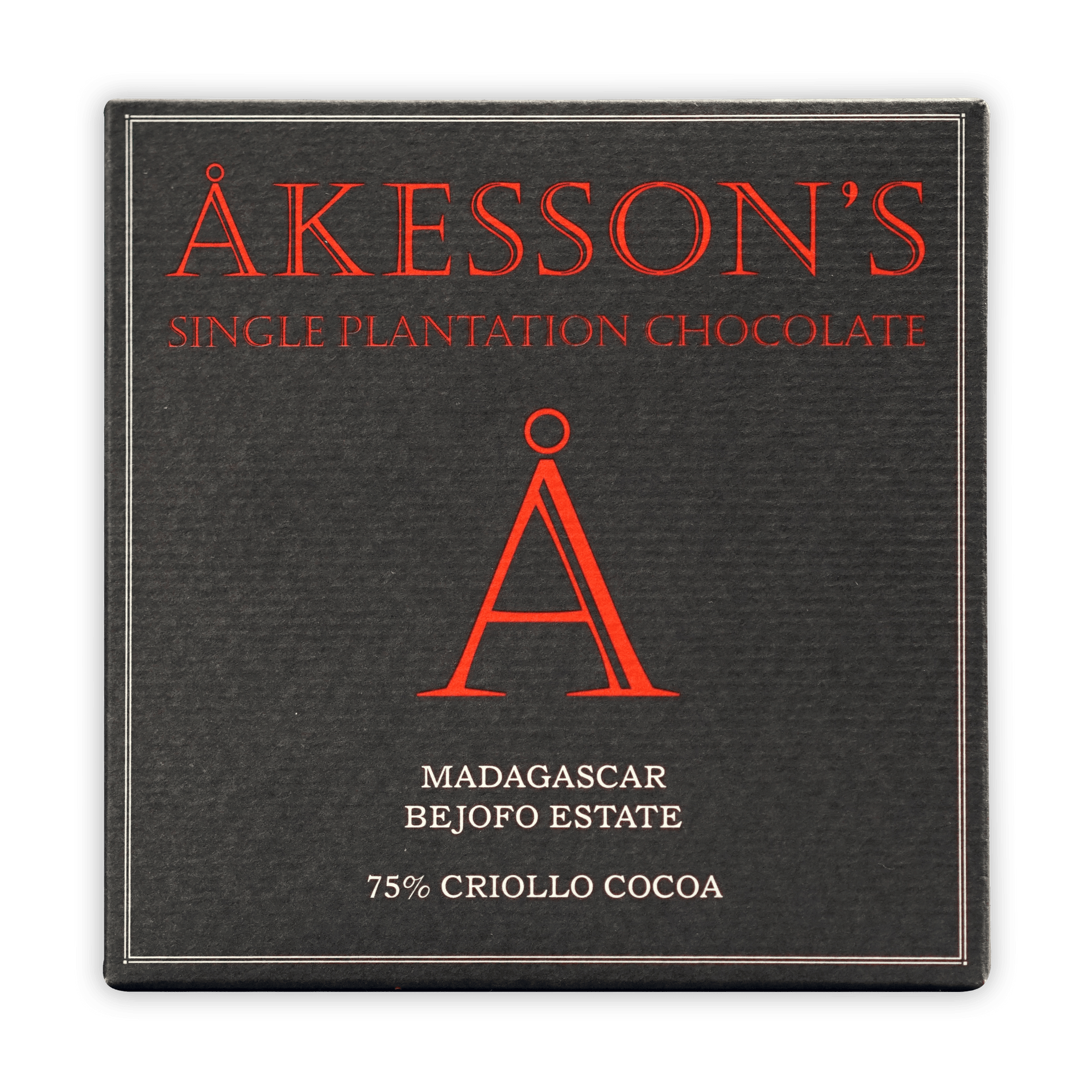 Akesson’s Madagascar Criollo 75% sleek black box with red lettering