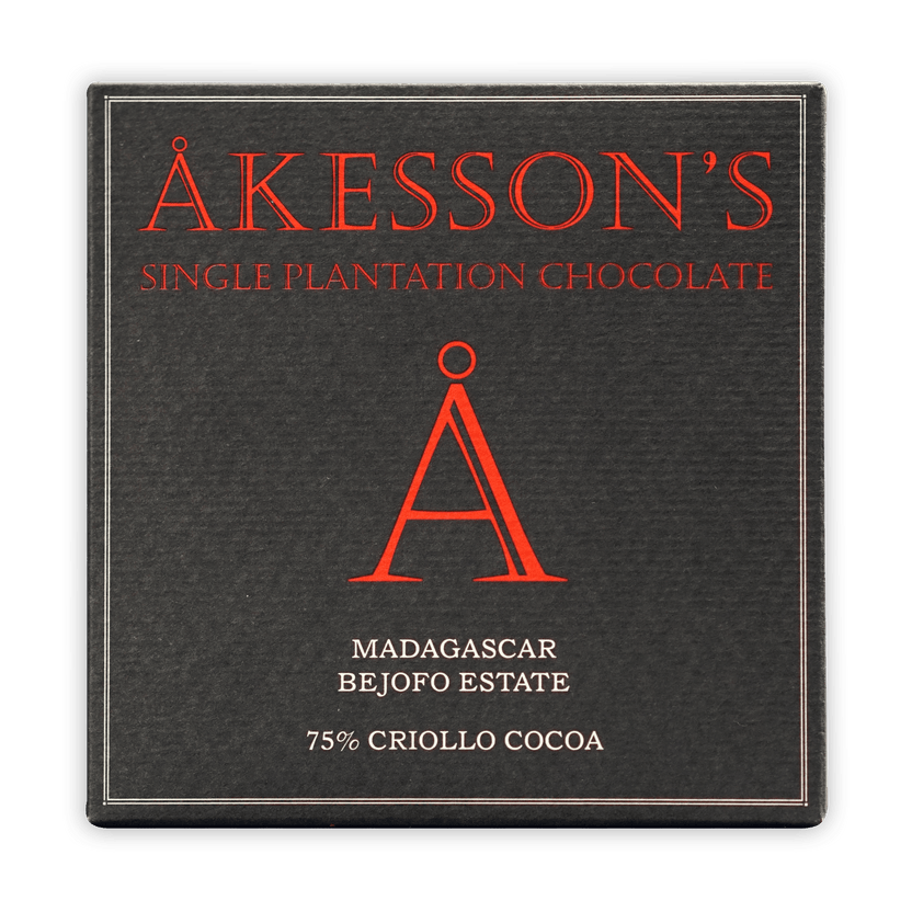 Akesson’s Madagascar Criollo 75% sleek black box with red lettering