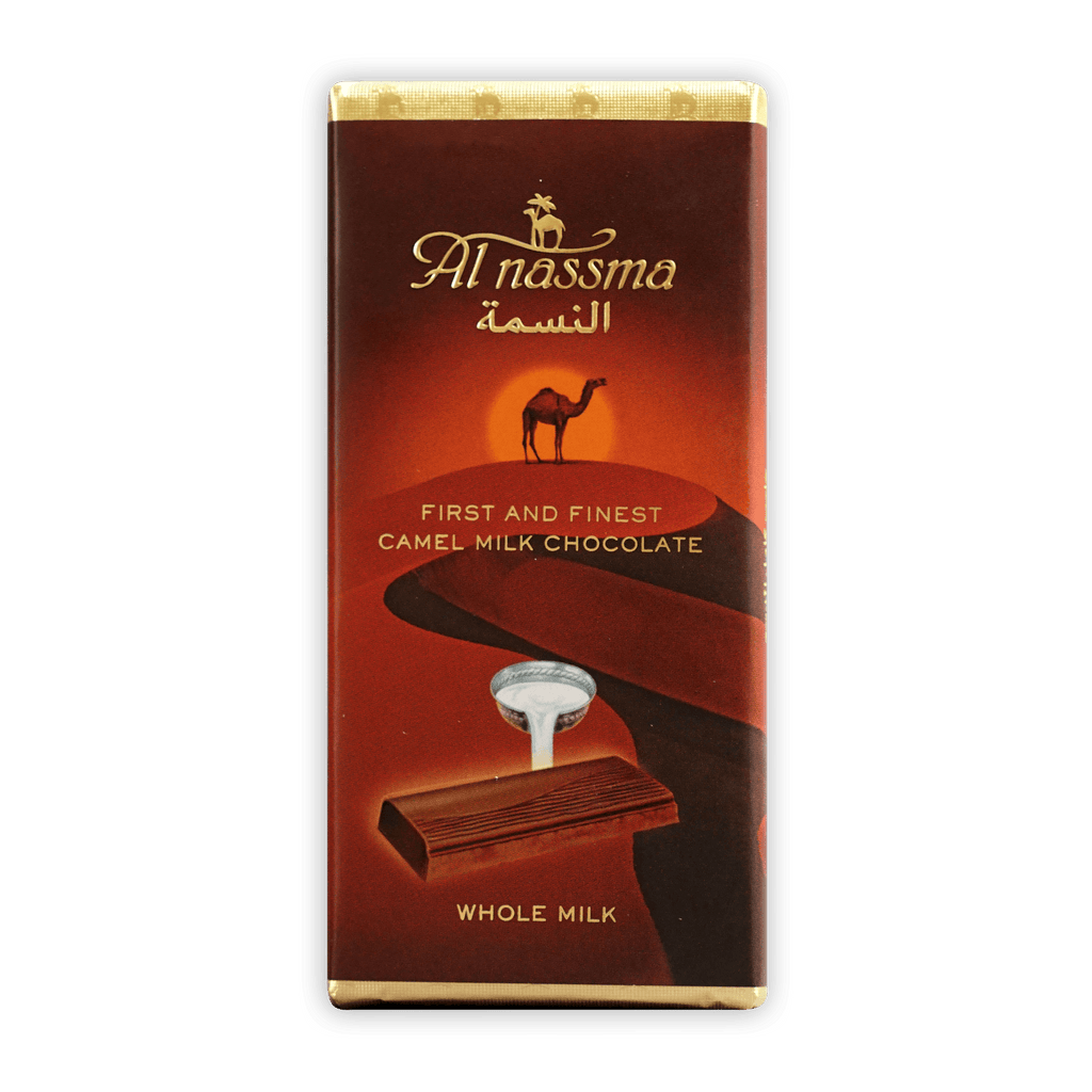 Al Nassma Camel Milk Chocolate bar in red gold wrapper with camel sunset illustration