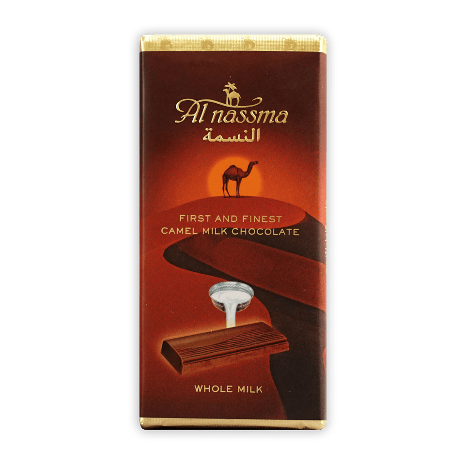 Al Nassma Camel Milk Chocolate bar in red gold wrapper with camel sunset illustration