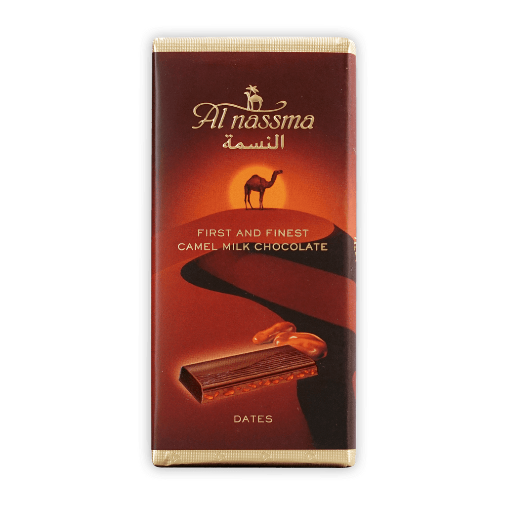 Al Nassma camel milk chocolate bar with dates, dark wrapper and camel sunset illustration