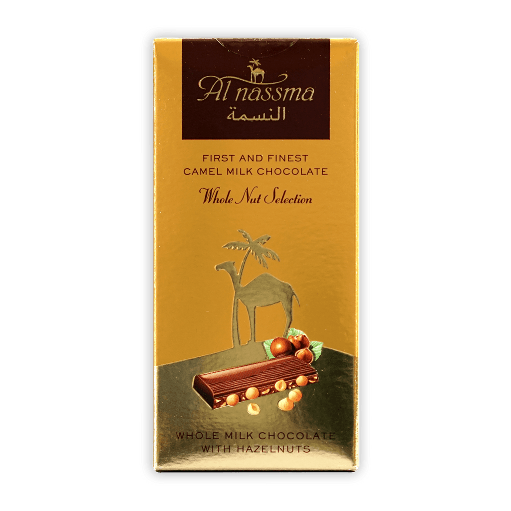 Al Nassma camel milk chocolate bar with hazelnuts in gold wrapper