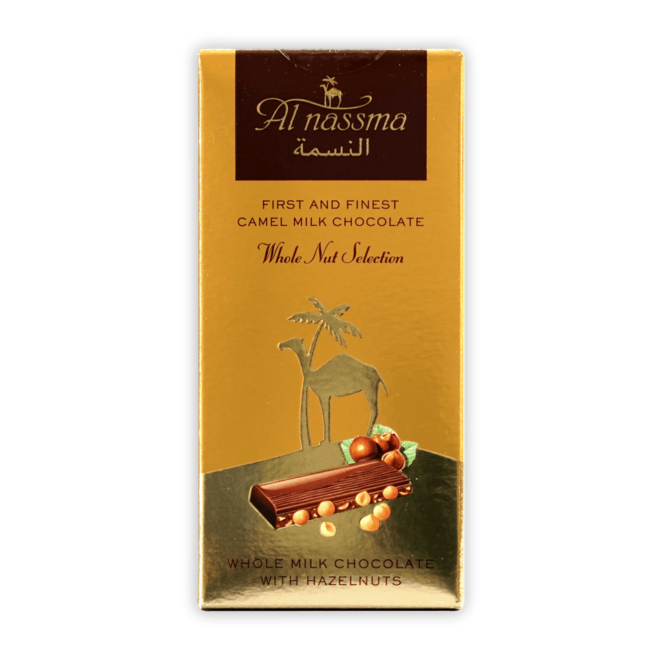 Al Nassma camel milk chocolate bar with hazelnuts in gold wrapper