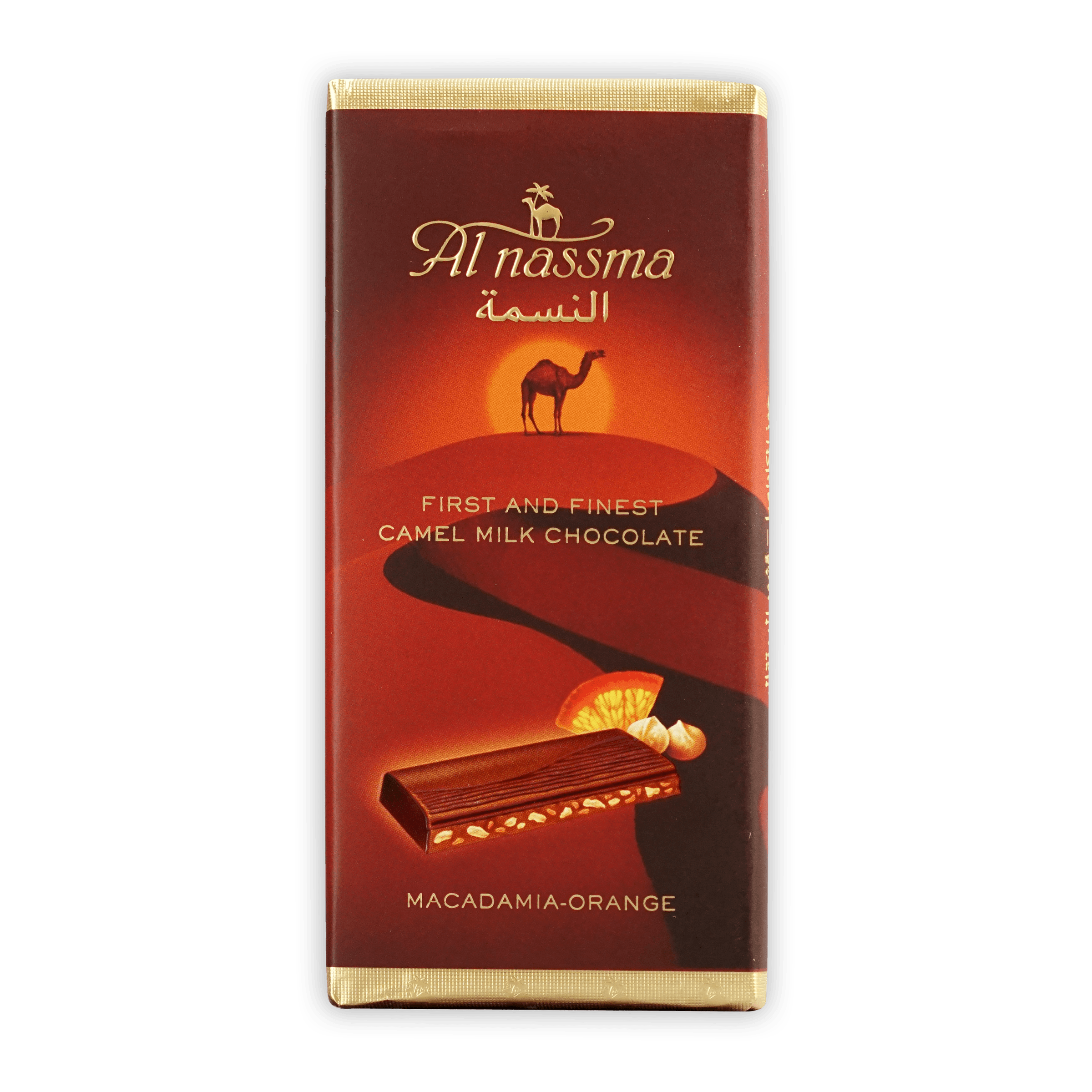 Al Nassma camel milk chocolate bar with macadamia orange flavor