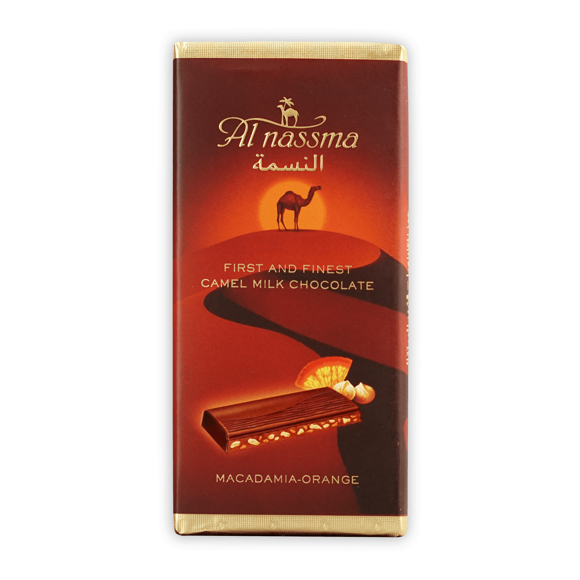 Al Nassma camel milk chocolate bar with macadamia orange flavor