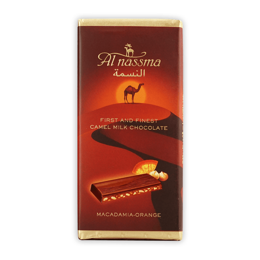 Al Nassma camel milk chocolate bar with macadamia orange flavor