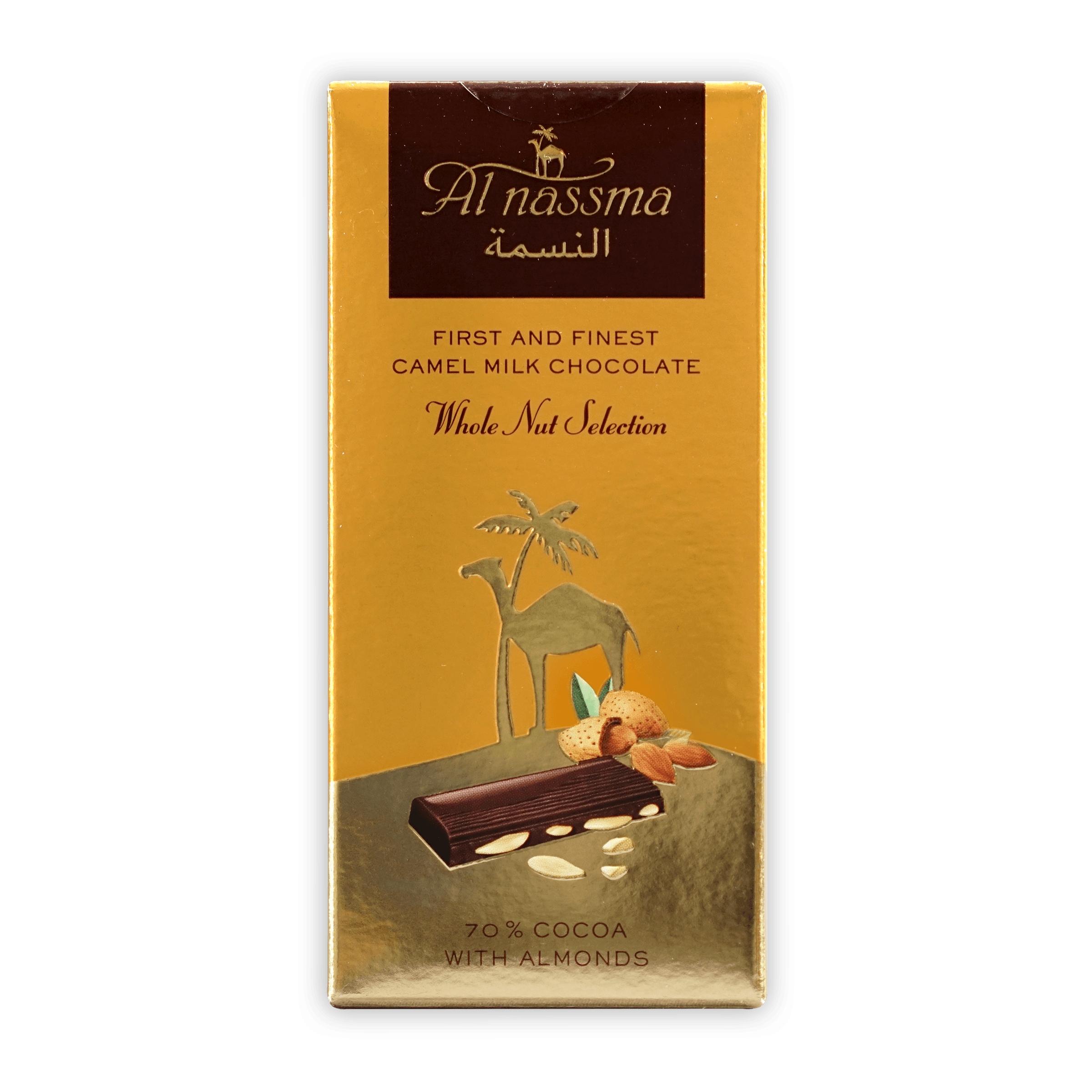 Al Nassma 70% dark milk chocolate bar with almonds, golden wrapper