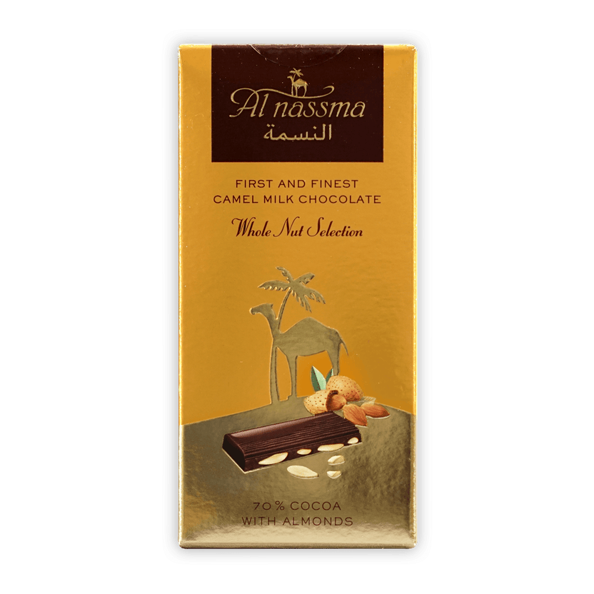 Al Nassma 70% dark milk chocolate bar with almonds, golden wrapper