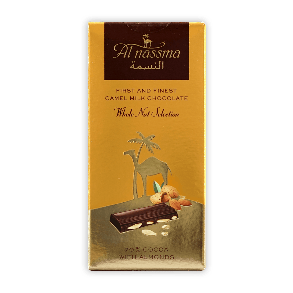 Al Nassma 70% dark milk chocolate bar with almonds, golden wrapper