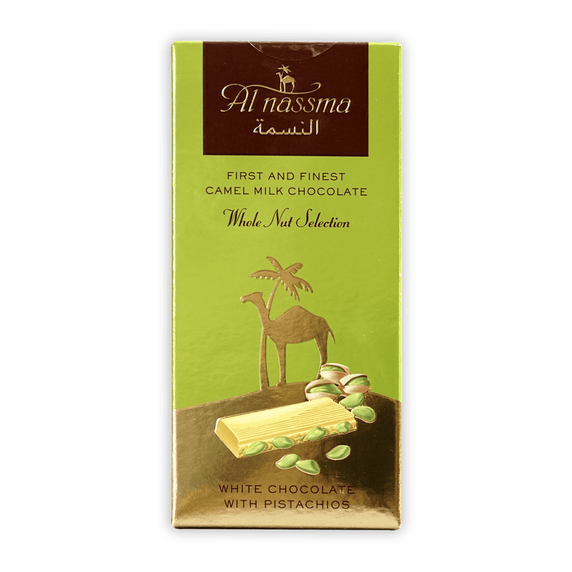 Al Nassma white chocolate pistachio bar in green gold wrapper with camel