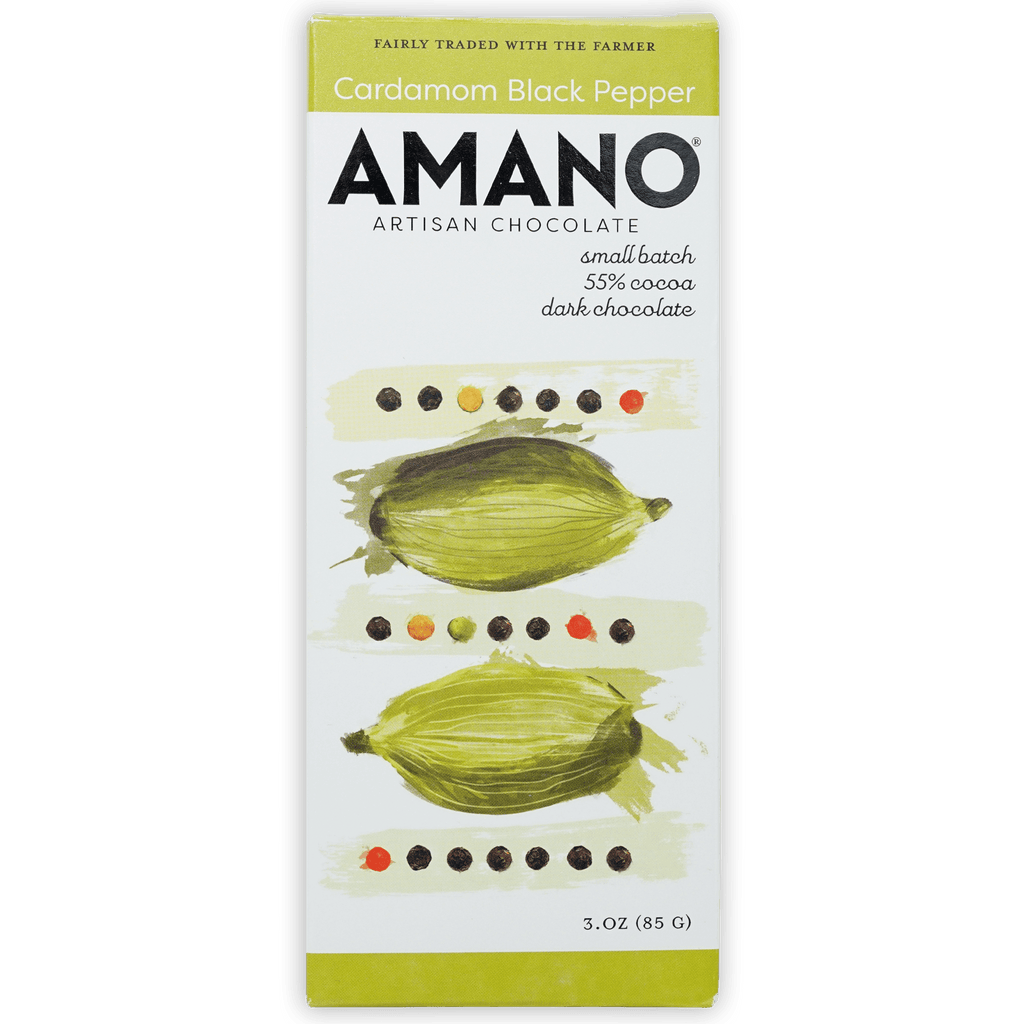 Amano Cardamom Pepper 60% artisan chocolate bar with cardamom pod illustrations