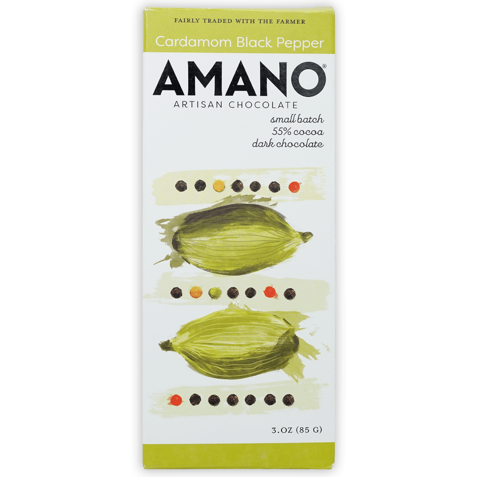 Amano Cardamom Pepper 60% artisan chocolate bar with cardamom pod illustrations