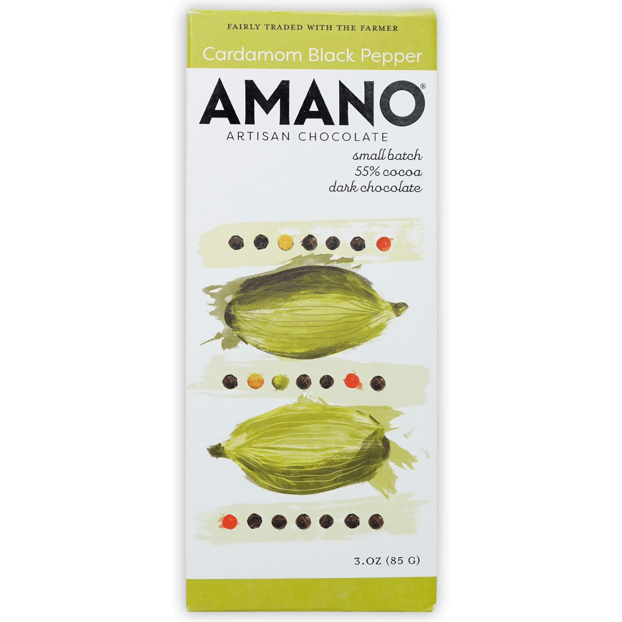 Amano Cardamom Pepper 60% artisan chocolate bar with cardamom pod illustrations