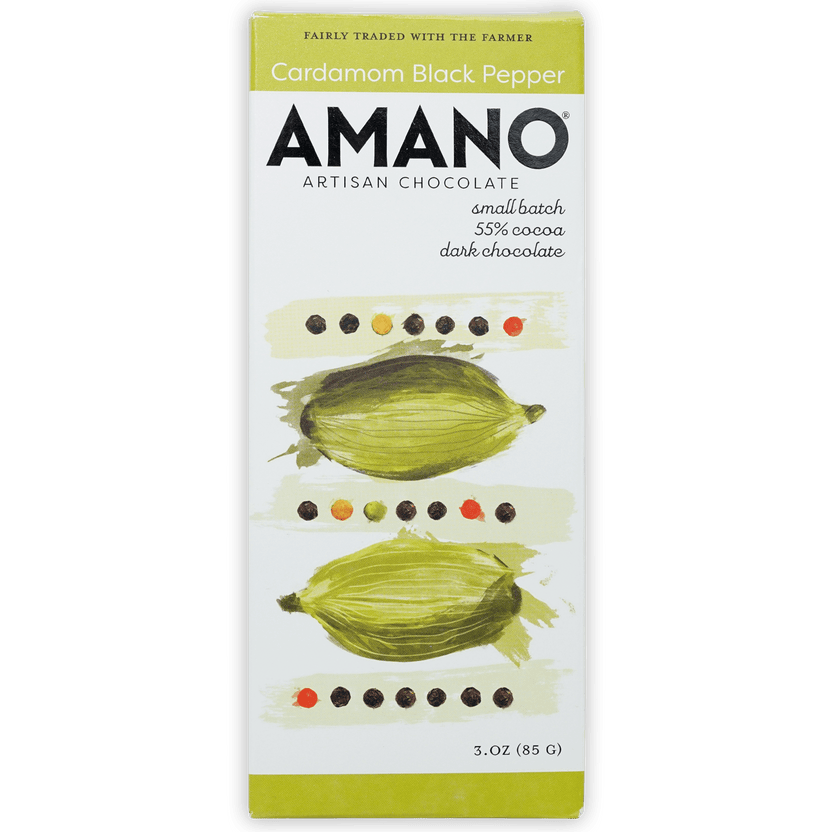 Amano Cardamom Pepper 60% artisan chocolate bar with cardamom pod illustrations