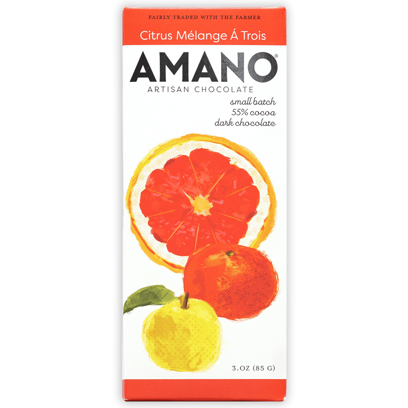 Amano Citrus Melange à Trois 55% artisan chocolate bar with citrus illustration