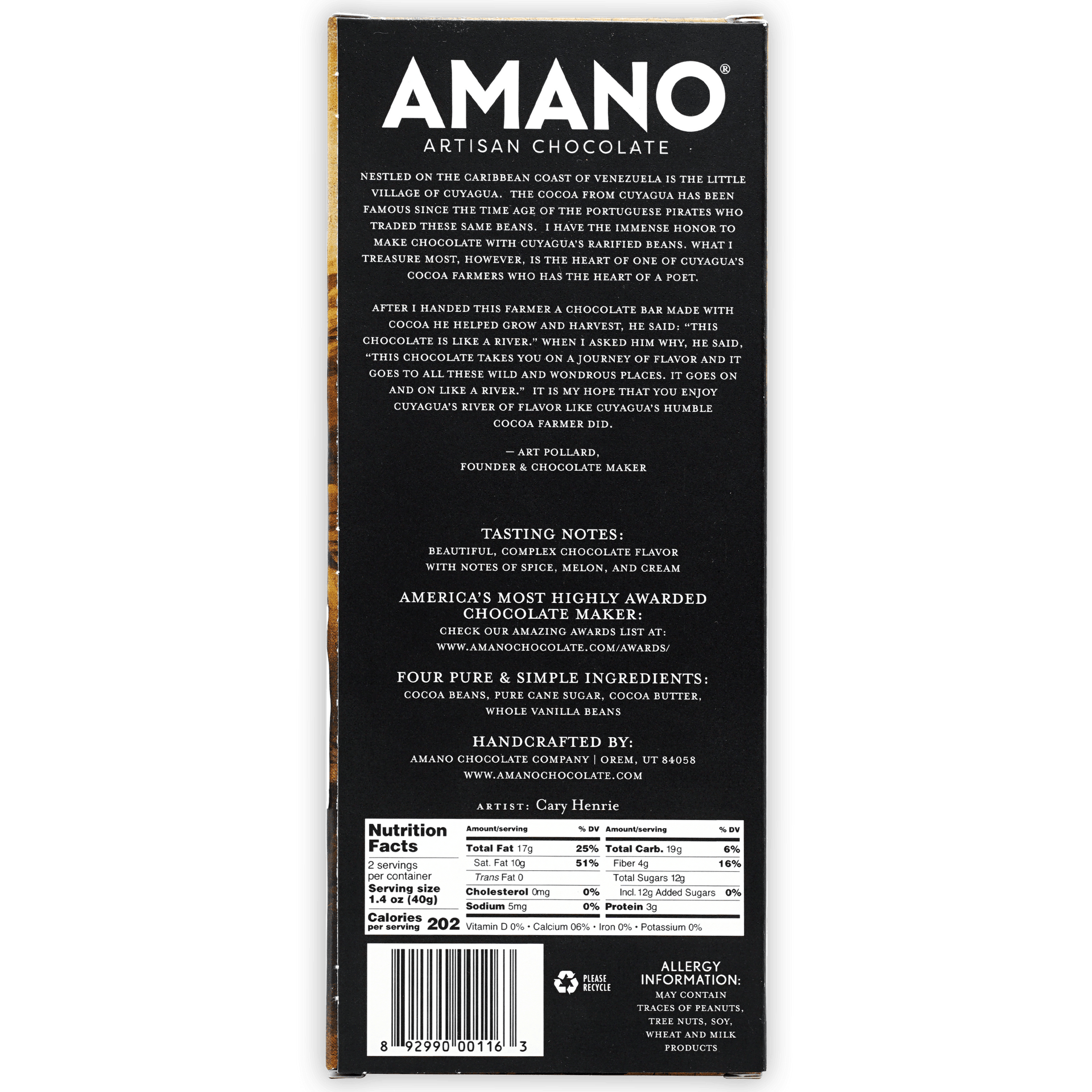 Amano Cuyagua 70% black artisan chocolate bar wrapper with gold foil