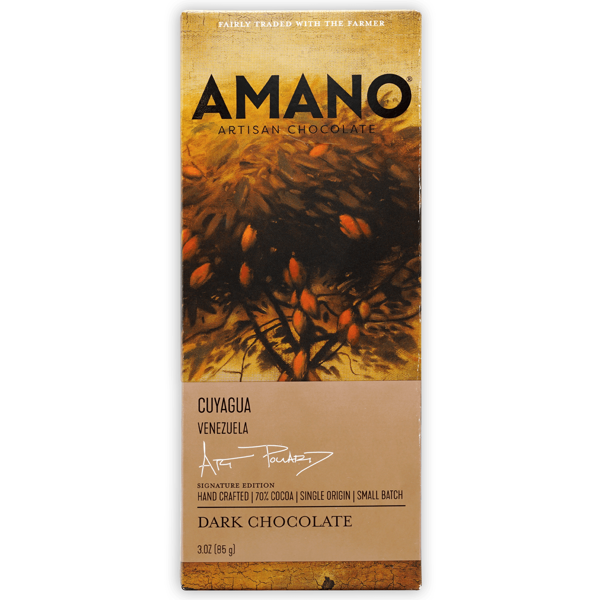 Amano Cuyagua 70% dark chocolate bar from Venezuela in signature edition package