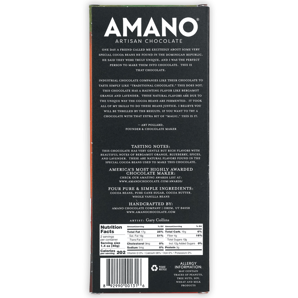Amano Dos Rios 70% artisan chocolate bar in sleek black packaging