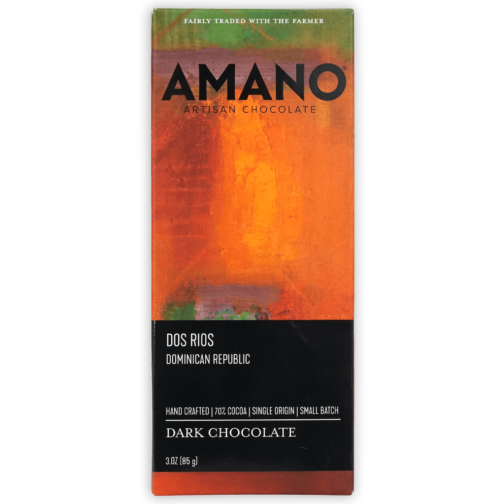 Amano Dos Rios 70% chocolate bar in orange green wrapper