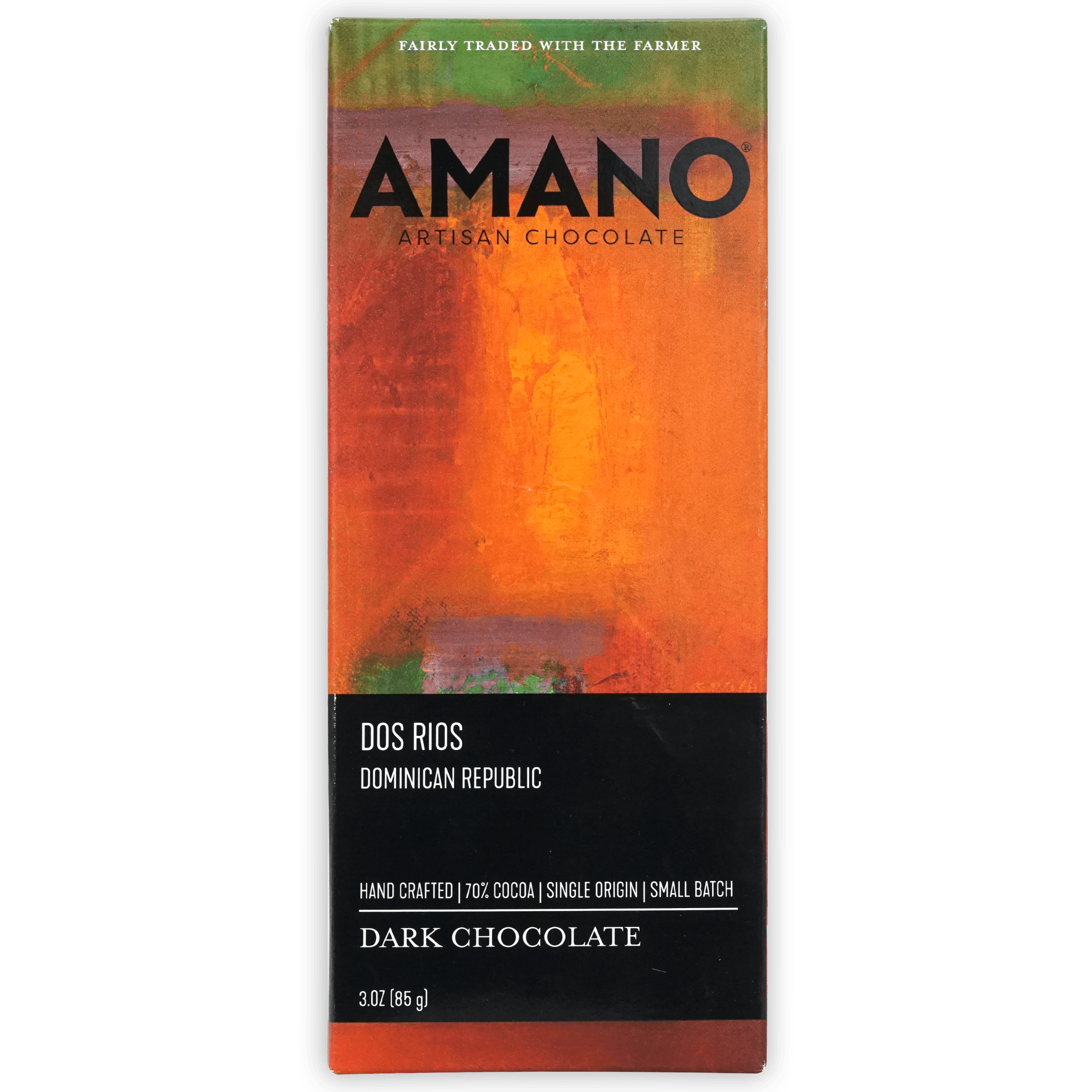 Amano Dos Rios 70% chocolate bar in orange green wrapper