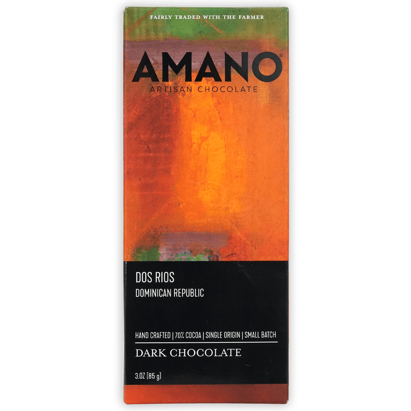 Amano Dos Rios 70% chocolate bar in orange green wrapper
