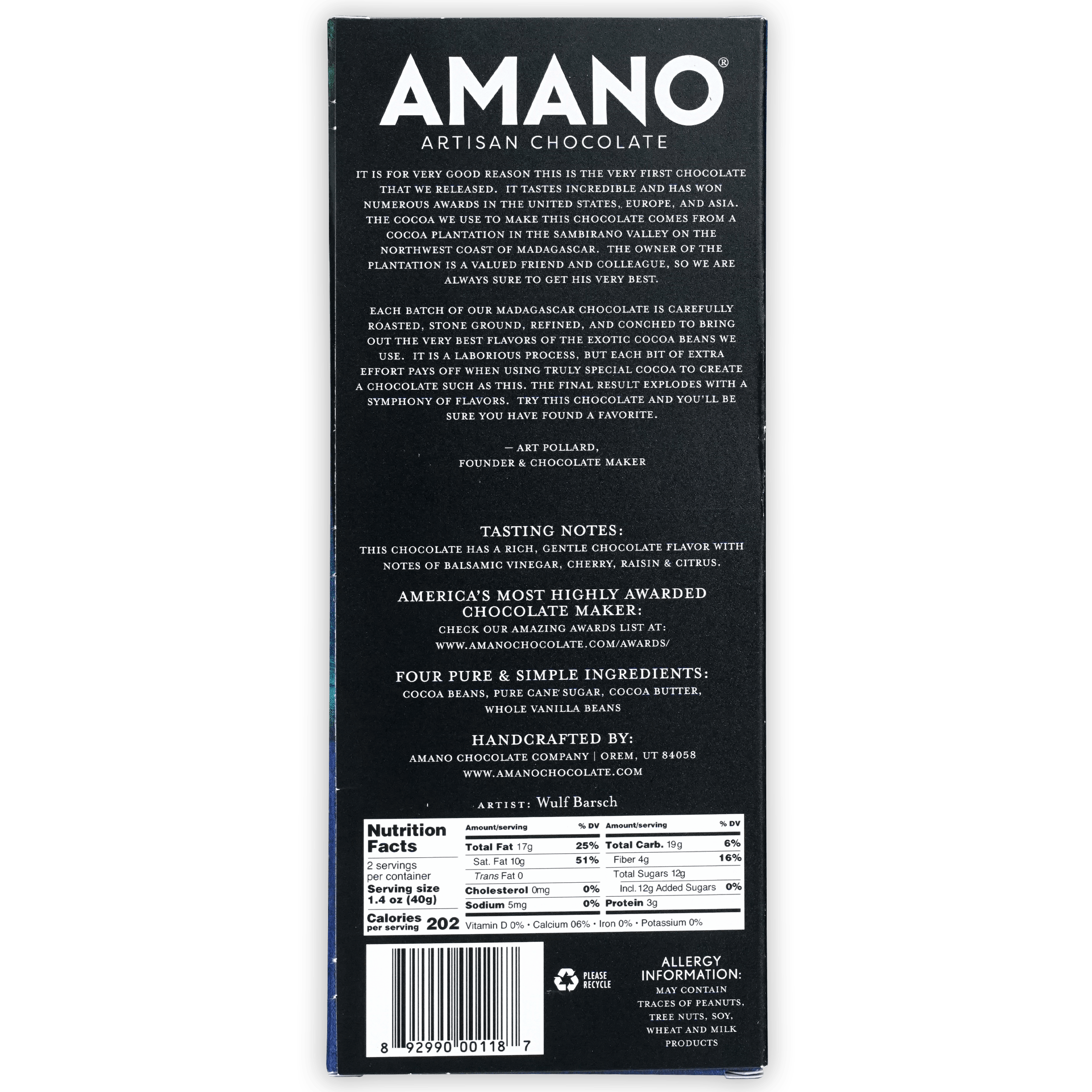 Back of Amano Madagascar 70% artisan chocolate black box with barcode
