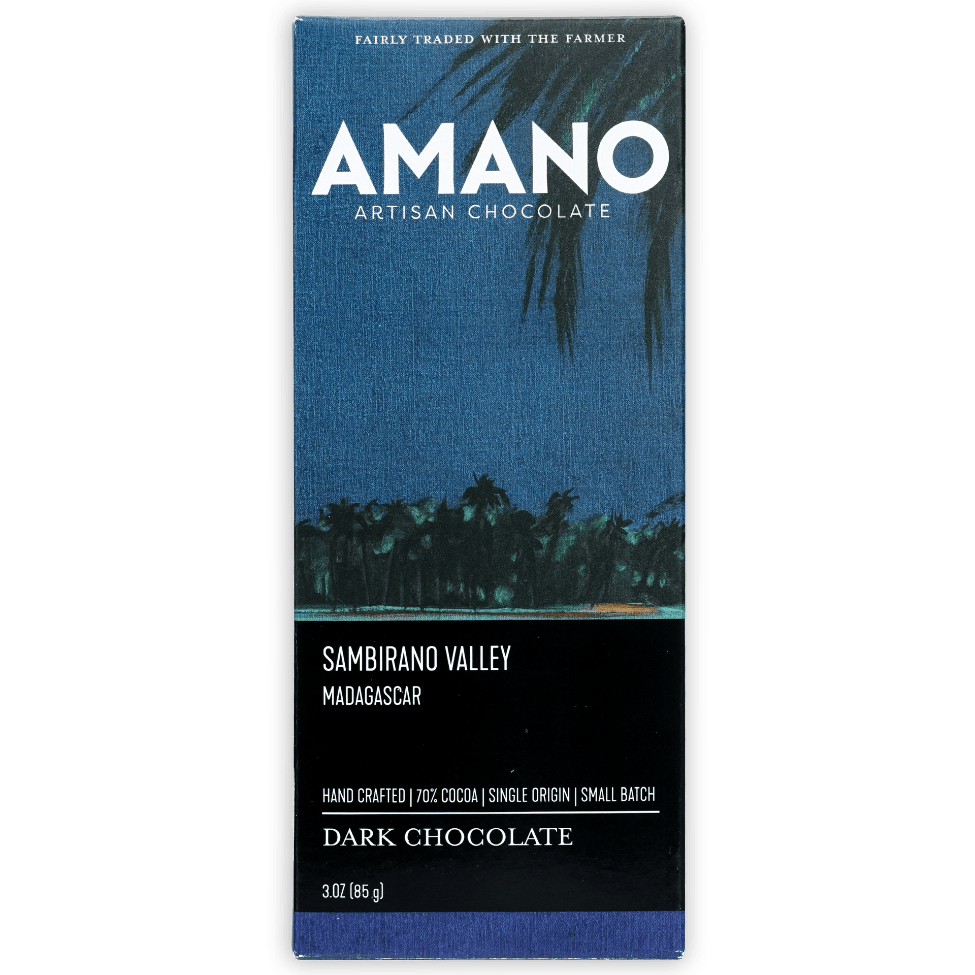 Amano Madagascar 70% artisan chocolate bar with twilight palm trees packaging