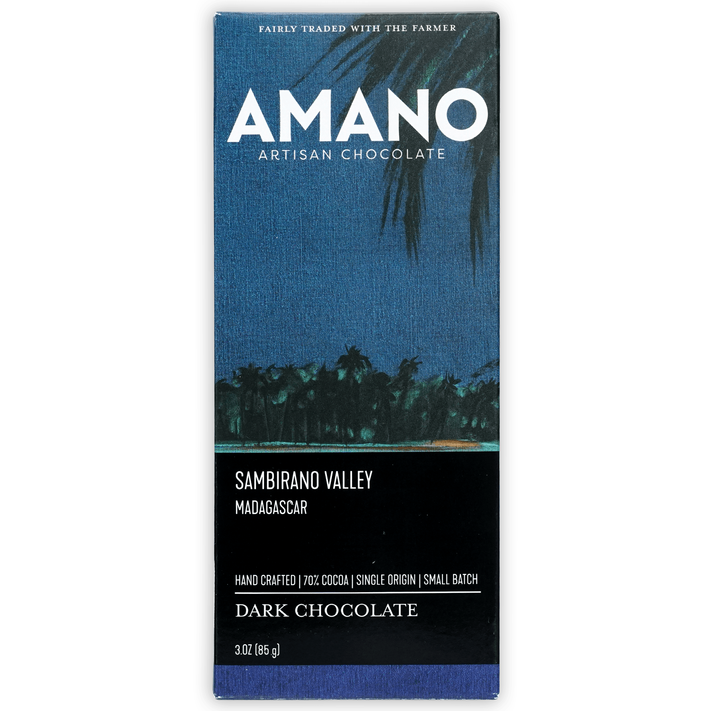 Amano Madagascar 70% artisan chocolate bar with twilight palm trees packaging