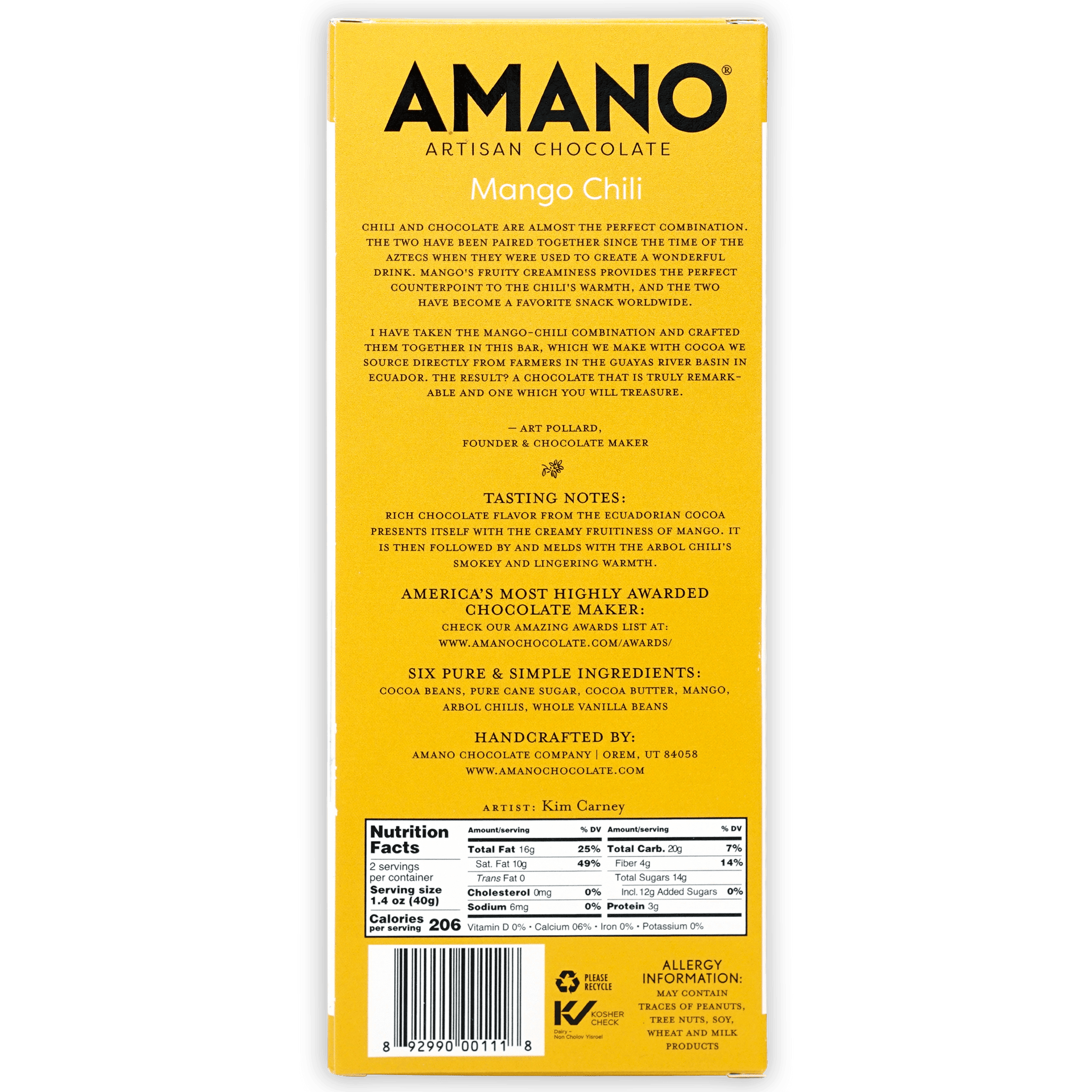 Amano Mango Chili 65% artisan chocolate bar in bright yellow box