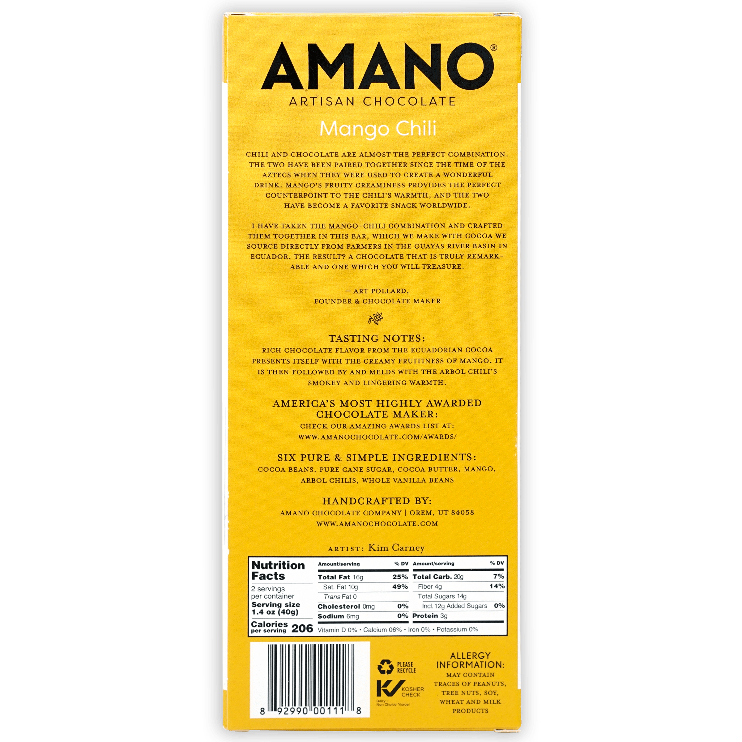 Amano Mango Chili 65% artisan chocolate bar in bright yellow box