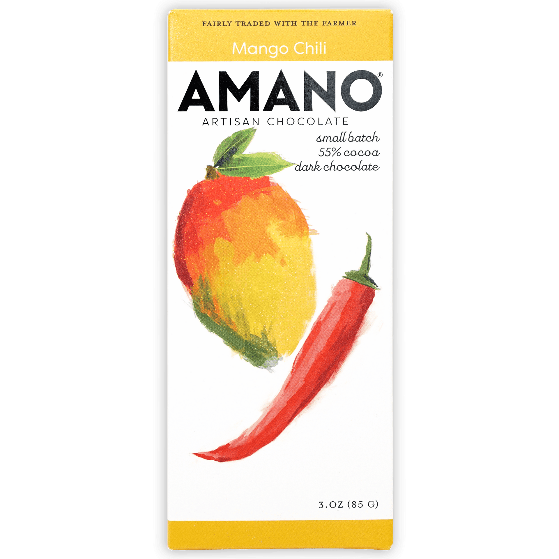 Amano Mango Chili 65% artisan chocolate bar with mango chili illustration