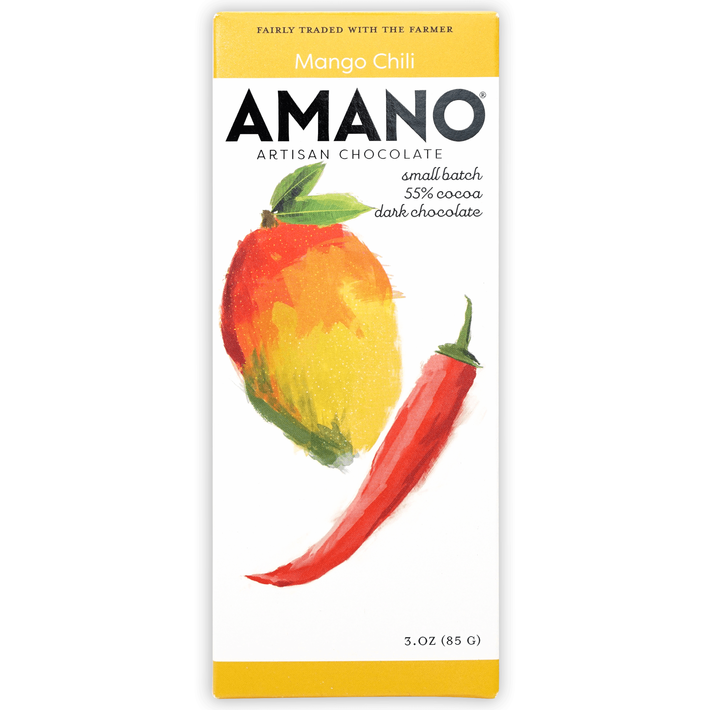 Amano Mango Chili 65% artisan chocolate bar with mango chili illustration