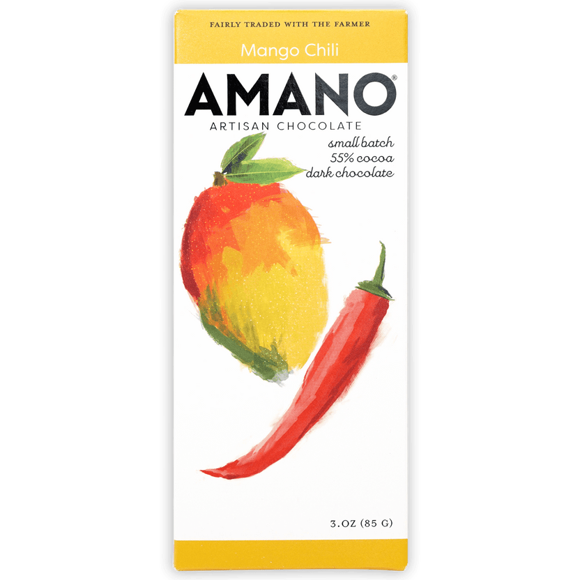 Amano Mango Chili 65% artisan chocolate bar with mango chili illustration