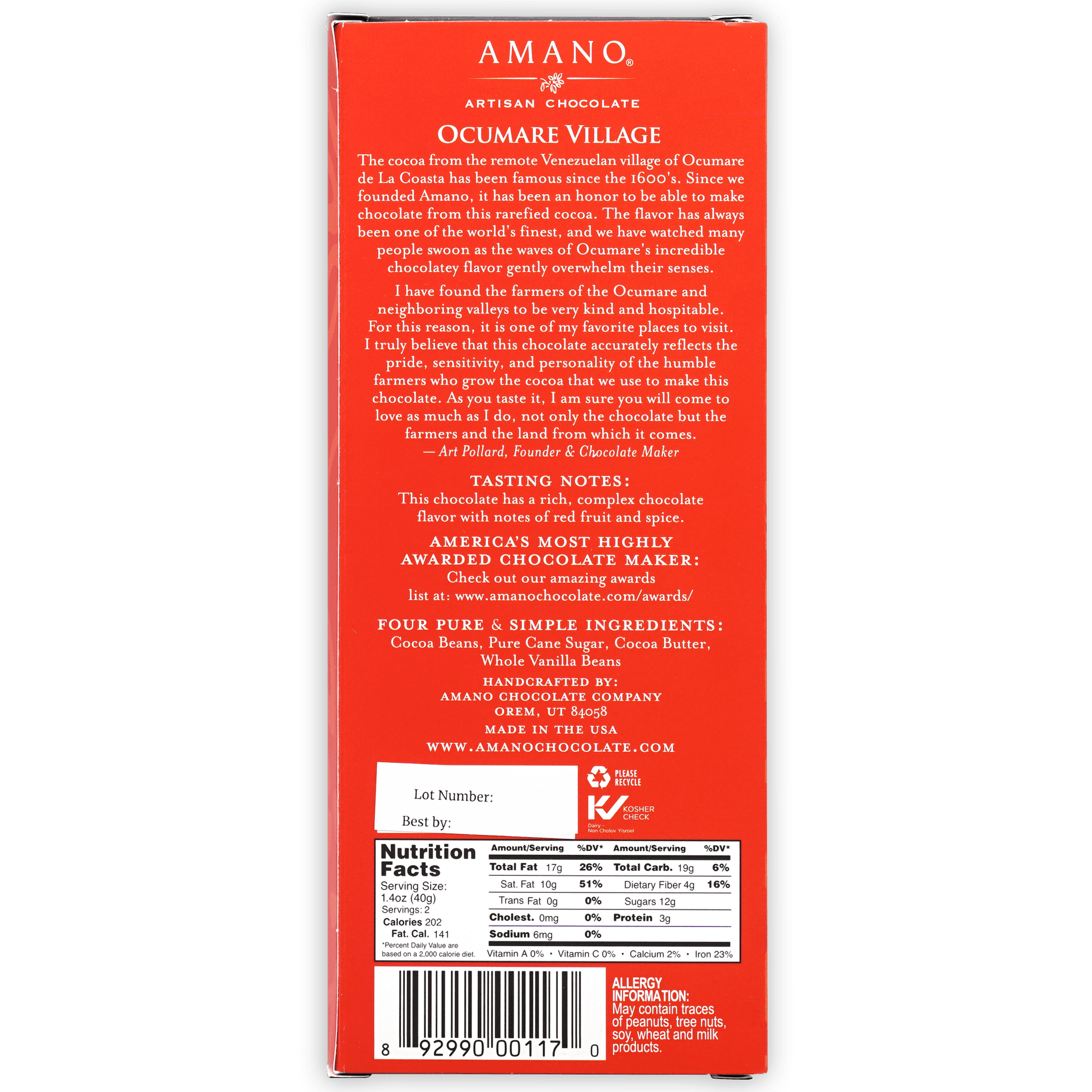 Amano Ocumare 70% red rectangular artisan chocolate box, Ocumare Village flavor