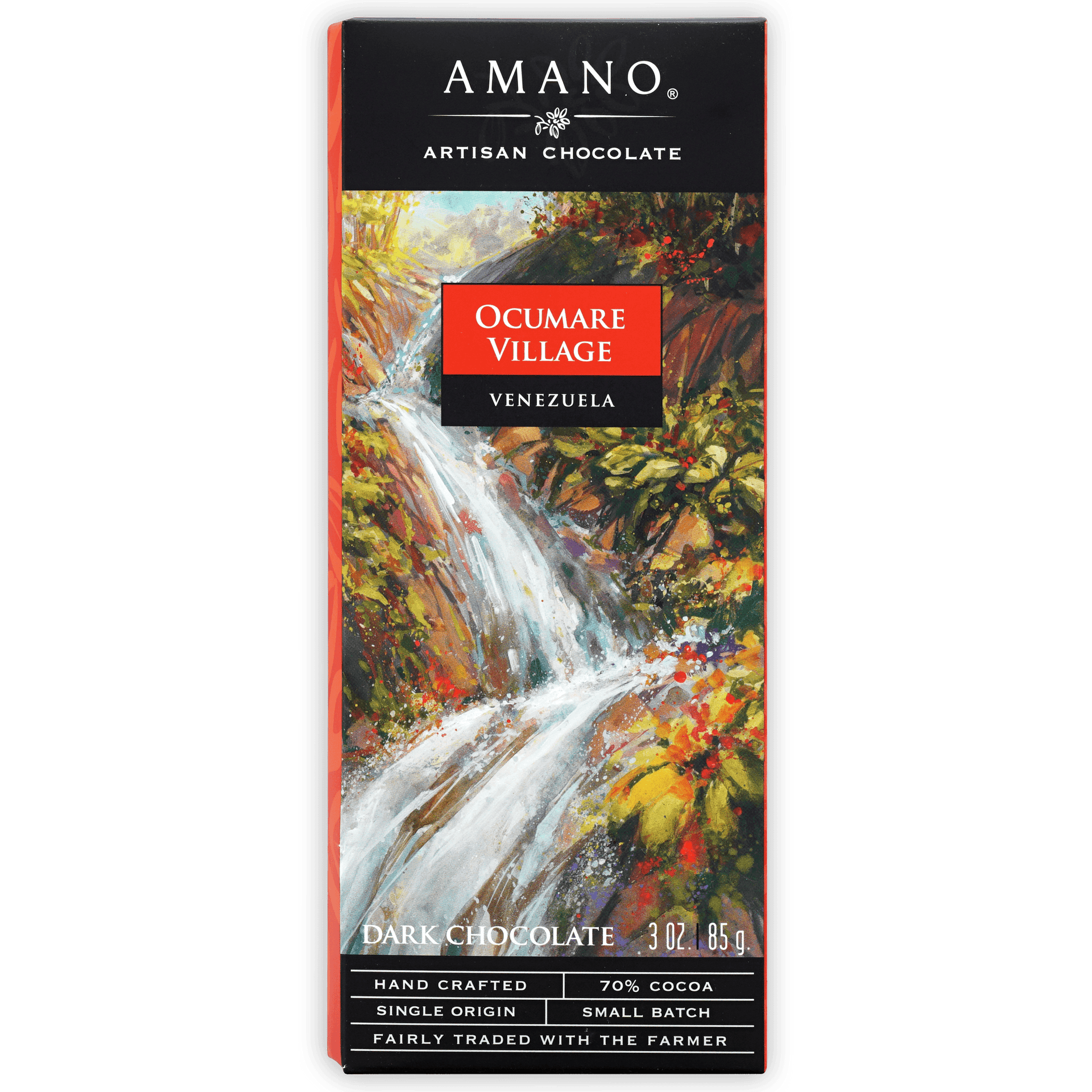 Amano Ocumare 70% chocolate bar with vibrant waterfall packaging