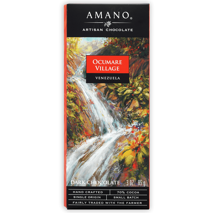 Amano Ocumare 70% chocolate bar with vibrant waterfall packaging